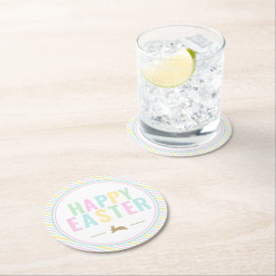 Gelukkige paashaas pastelstreep ronde kartonnen onderzetter