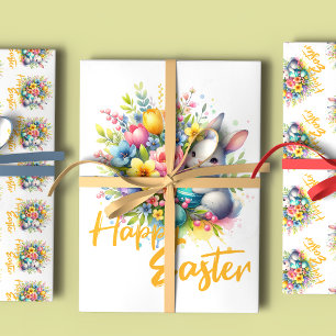 Gelukkige paaslente bloem met schattig konijntje inpakpapier vel