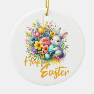 Gelukkige paaslente bloem met schattig konijntje keramisch ornament