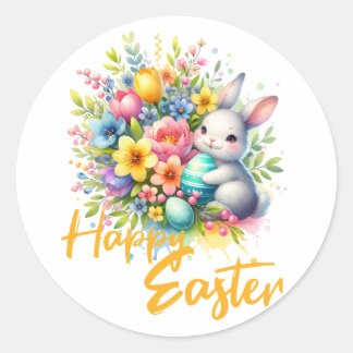 Gelukkige paaslente bloem met schattig konijntje ronde sticker