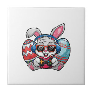 Gelukkige Pasen Cute Bunny Speelt Videogame Kind Tegeltje