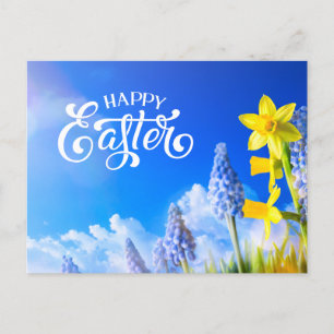 Gelukkige Pasen Daffodils, Lente Bloem Blauwe Bloe Briefkaart