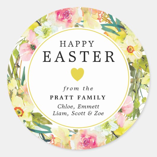 Gelukkige Pasen Gele Daffodil Hart Envelop Afdicht Ronde Sticker (Voorkant)