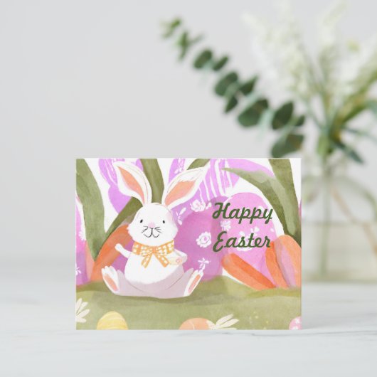 Gelukkige Pasen Waterverf Konijntje met Paaseieren Feestdagenkaart (Staand voorkant)