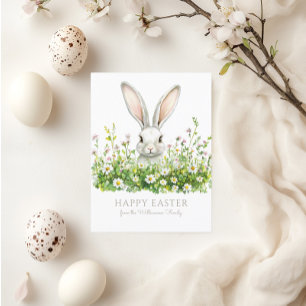 Gelukkige Pasen Witte Bunny Bloemen Gepersonalisee Feestdagenkaart