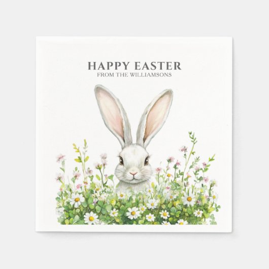 Gelukkige Pasen Witte Bunny Bloemen Gepersonalisee Servet (Voorkant)