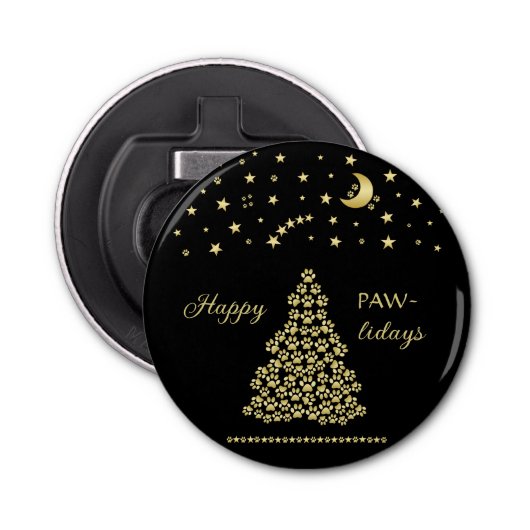 Gelukkige Pawholidays, Gouden glanzende Paw Kerstb Button Flesopener (Voorkant)