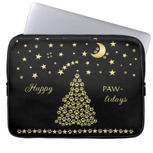 Gelukkige Pawholidays, Gouden glanzende Paw Kerstb Laptop Sleeve