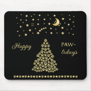 Gelukkige Pawholidays, Gouden glanzende Paw Kerstb Muismat