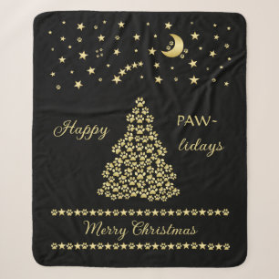 Gelukkige Pawholidays, Gouden glanzende Paw Kerstb Sherpa Deken