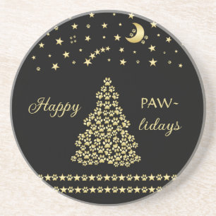 Gelukkige Pawholidays, Gouden glanzende Paw Kerstb Zandsteen Onderzetter