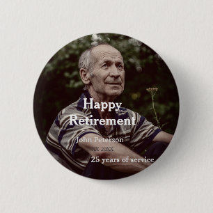 Gelukkige pensioenfoto naam jaar van dienst ronde button 5,7 cm