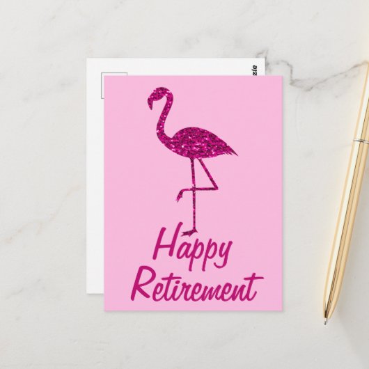Gelukkige pensionering sparkly roze flamingo Aange Briefkaart (Voorkant / Achterkant in situ)