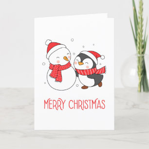 Gelukkige Pinguïn en Sneeuwman Vrolijk Kerstfeest Feestdagen Kaart