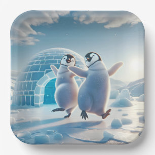 Gelukkige pinguïns dansen papieren bordje