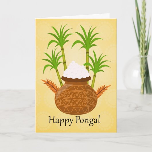 Gelukkige Pongal, met een Pot van Rijst en Plant Kaart (Voorkant)