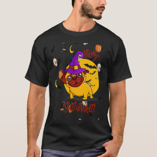 Gelukkige Pug Halloween Pompoenen Vleermuizen Heks T-shirt