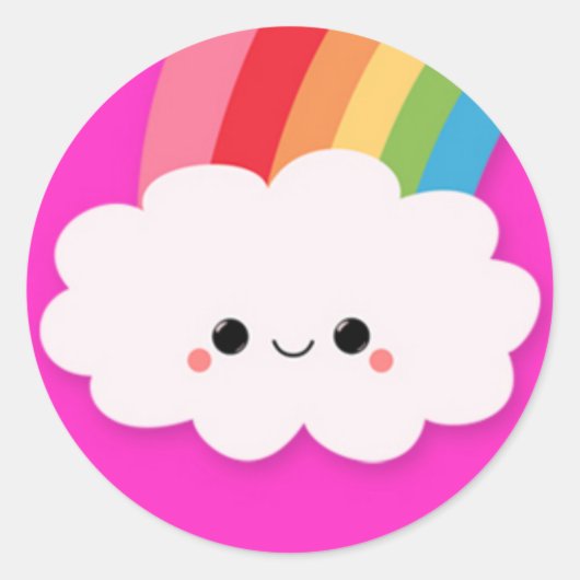 Gelukkige Regenboog Wolk op Heet Roze Ronde Sticker (Voorkant)