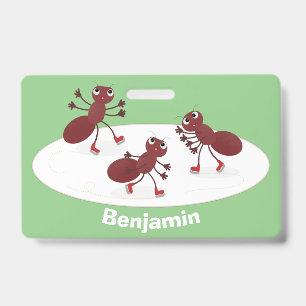 Gelukkige rode mieren schaatsen cartoon badge
