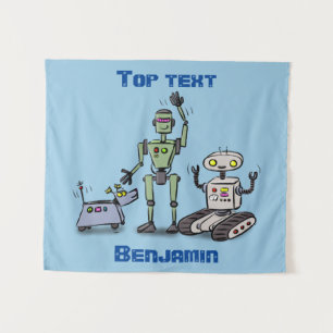 Gelukkige schattige robots trio cartoon wandkleed