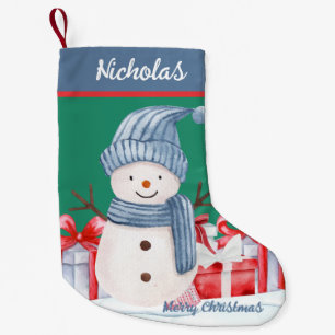 Gelukkige Schattigee Blauwe Sneeuwman met Cadeaus Kleine Kerstsok