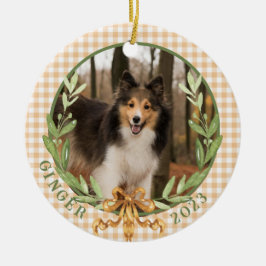 Gelukkige Sheltie in Laurel Wreath Foto Keramisch Ornament