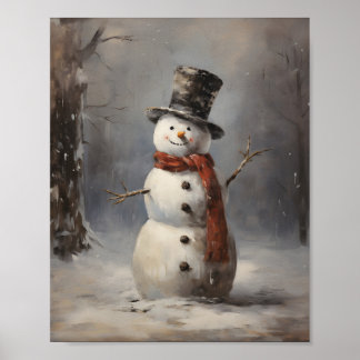 Gelukkige sneeuwman die Pet en rode sjaal in bos d Poster