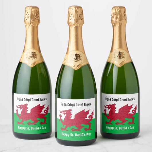 Gelukkige St. David's Day Rode Draak Welse vlag Sparkling Wijnetiket (Flessen)