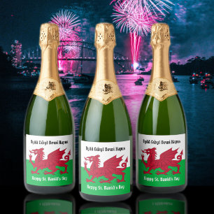 Gelukkige St. David's Day Rode Draak Welse vlag Sparkling Wijnetiket