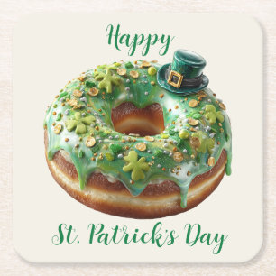 Gelukkige St. Patrick's Dag Donut met Leprechaun H Vierkante Kartonnen Onderzetter