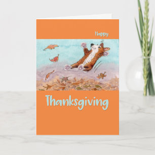 Gelukkige Thanksgiving, Corgi hond springen in bla Feestdagen Kaart