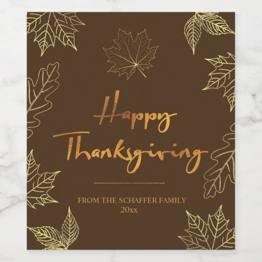 Gelukkige Thanksgiving, Goud & Bronzen Bladeren Wijn Etiket (Enkel label)
