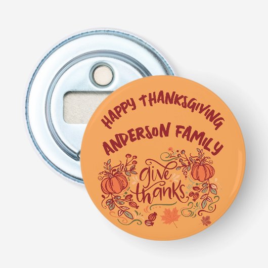 Gelukkige Thanksgiving Monogrammed Naam | Button Flesopener (Voorkant)