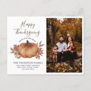 Gelukkige Thanksgiving Nieuwe Huis Pompoen Bewegen Aankondigingskaart