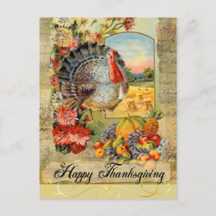 Gelukkige Thanksgiving Turkije, Fruit, Flowers Feestdagenkaart