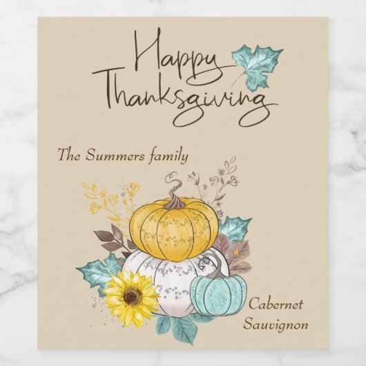 Gelukkige Thanksgiving Waterverf Pompoen Wijn Etiket (Enkel label)
