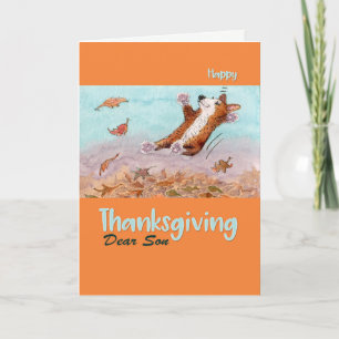 Gelukkige Thanksgiving-zoon, Corgi-hond in de herf Feestdagen Kaart