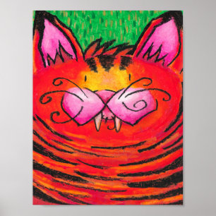 Gelukkige Tijgerkat in Oliepastel op Groene Poster