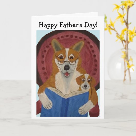 Gelukkige Vaderdag Corgi leest voor aan Puppy Kaart (Gele Bloem)