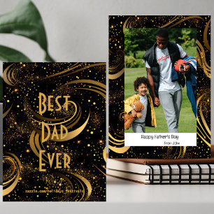 Gelukkige Vaderdag Foto Gouden Blad Swirls Modern Feestdagenkaart
