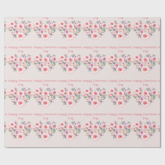 Gelukkige Valentijnsdag Hart Roze Rozen Cadeaupapier (Vlak)