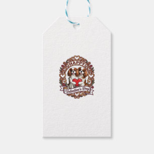 Gelukkige Valentijnsdag Hond Rode Hart Bloem Frame Cadeaulabel
