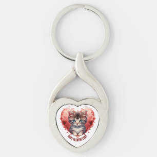 Gelukkige Valentijnsdag Kleine Kitten met Hart Sleutelhanger