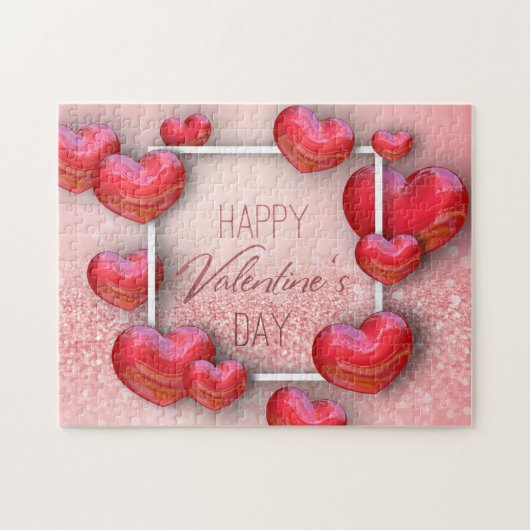 Gelukkige Valentijnsdag Rode 3D Harten Glitter Legpuzzel (Horizontaal)