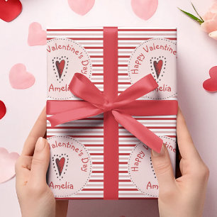Gelukkige Valentijnsdag roze en rode strepen Cadeaupapier