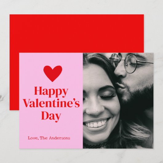 Gelukkige Valentijnsdag Roze Rood Hart Fotokaart Bedankkaart (Voorkant / Achterkant)