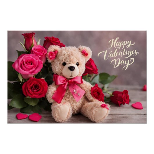 Gelukkige Valentijnsdag Teddybeer met Rozen Perfect Poster (Voorkant)