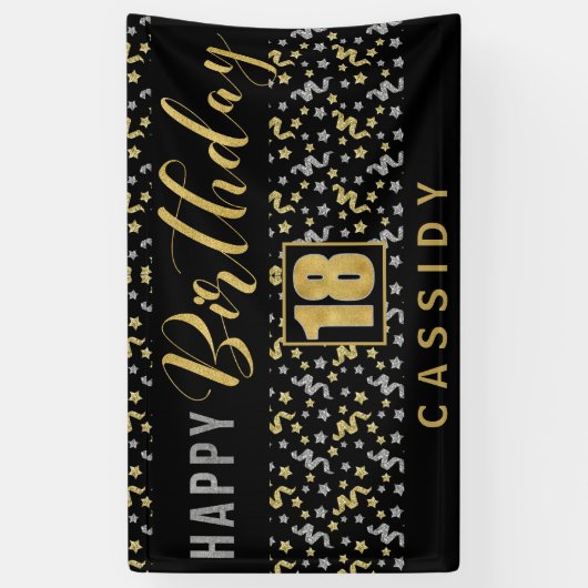 Gelukkige Verjaardag 18 met Naam Zwart en Goud Spandoek (Verticaal)