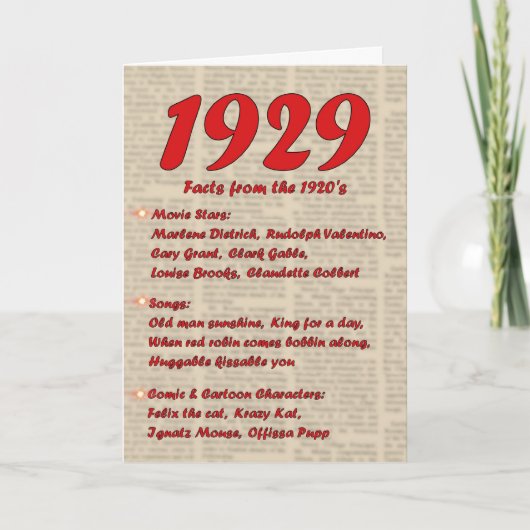 Gelukkige Verjaardag 1929 Geboortejaar 20's 20s tw Kaart (Voorkant)