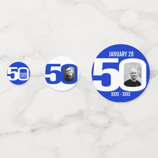 Gelukkige verjaardag 50e naam foto blauw wit confetti (Voorkanten)